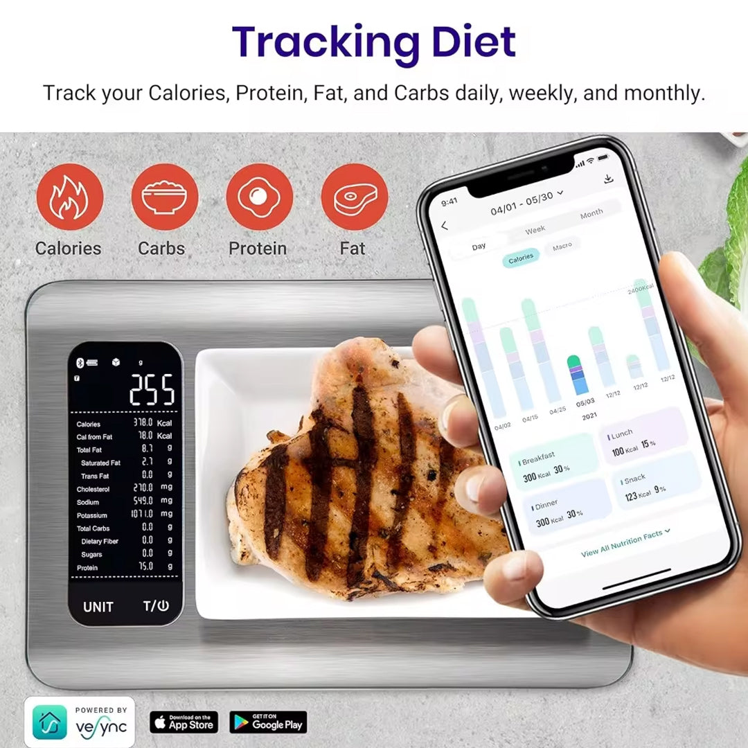 Digital Kitchen Food Scale with Smart Nutrition Tracking App for Grams and Ounces