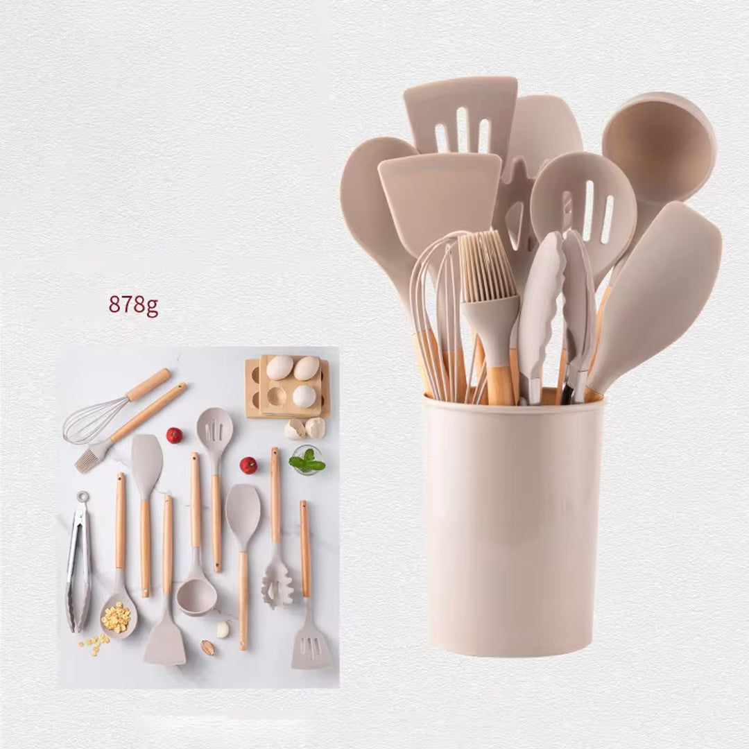 12-Piece Silicone Spatula Set with Wooden Handles and Storage Bucket