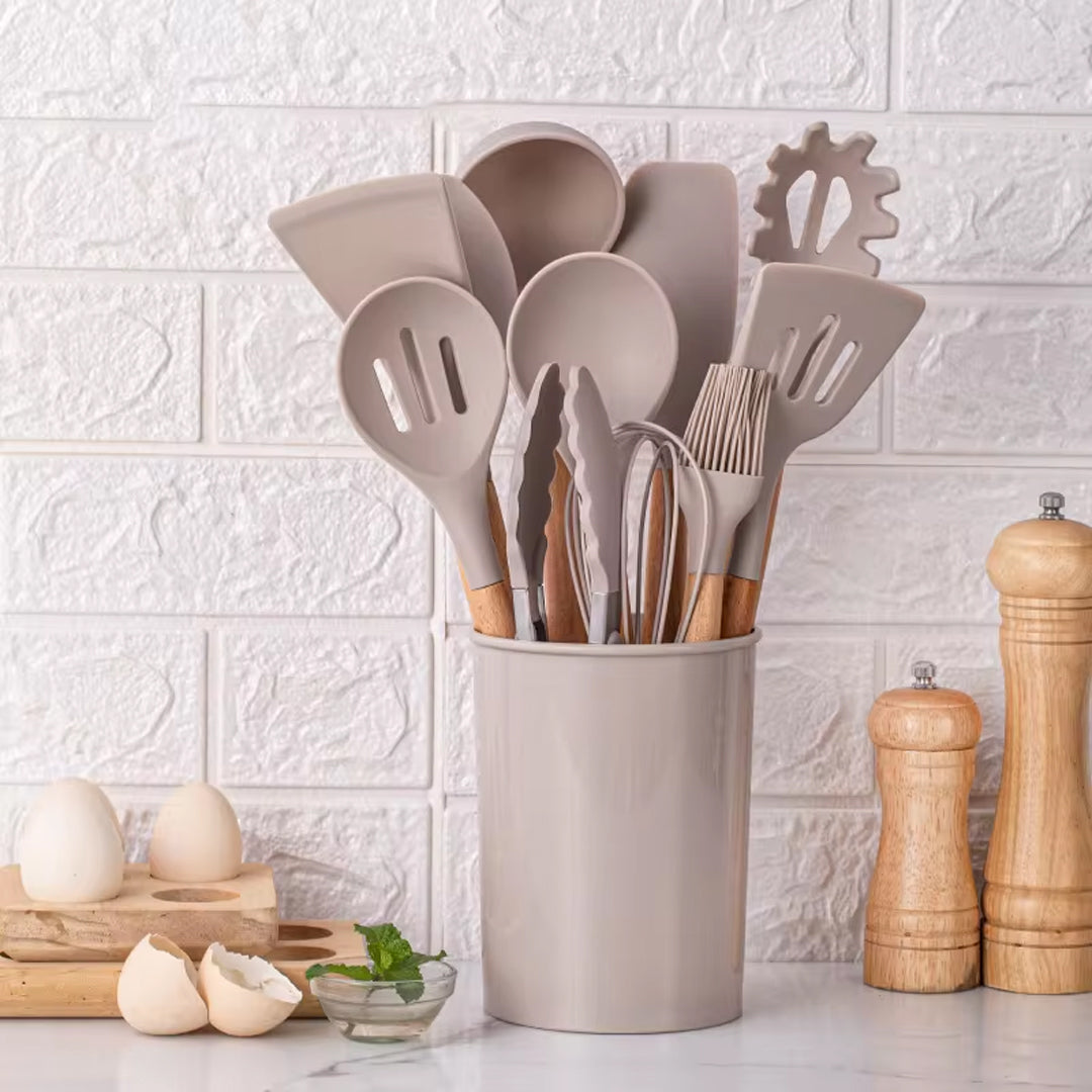 12-Piece Silicone Spatula Set with Wooden Handles and Storage Bucket