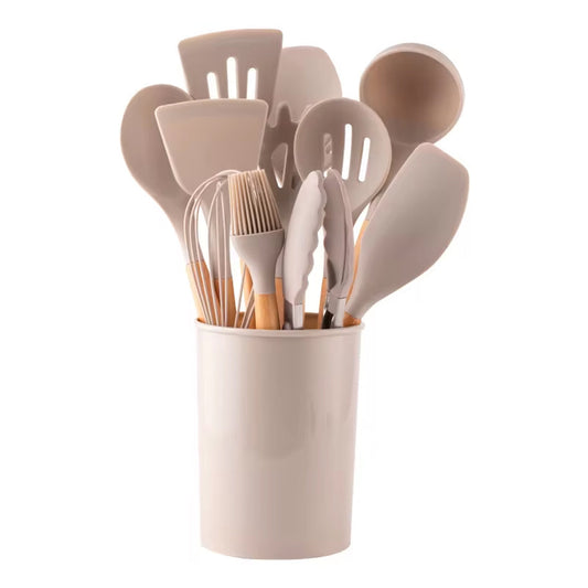 12-Piece Silicone Spatula Set with Wooden Handles and Storage Bucket