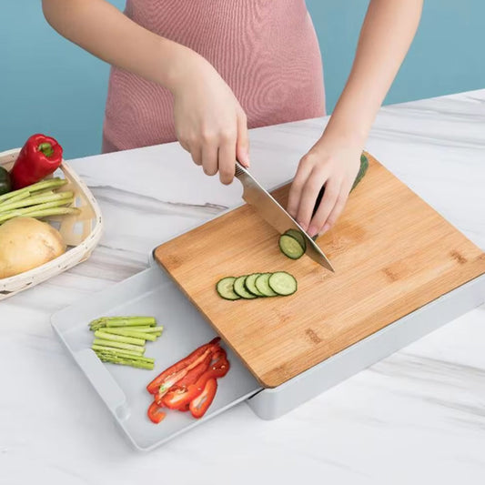 Bamboo Drawer Cutting Board with Integrated Cheese and Chopping Tools