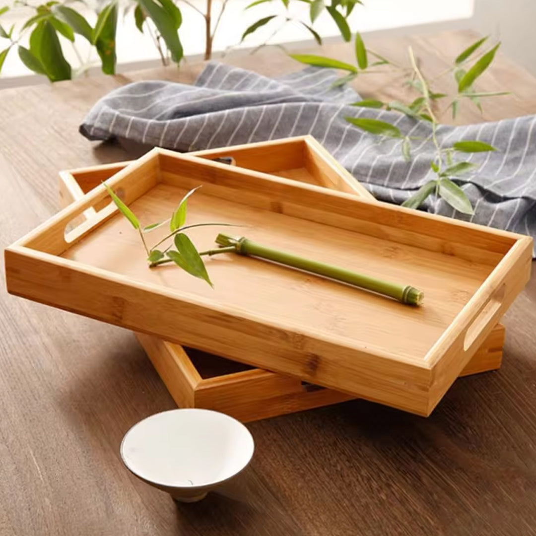 Bamboo Wooden Tea Tray with Handles - Durable Dinner Plate Stand